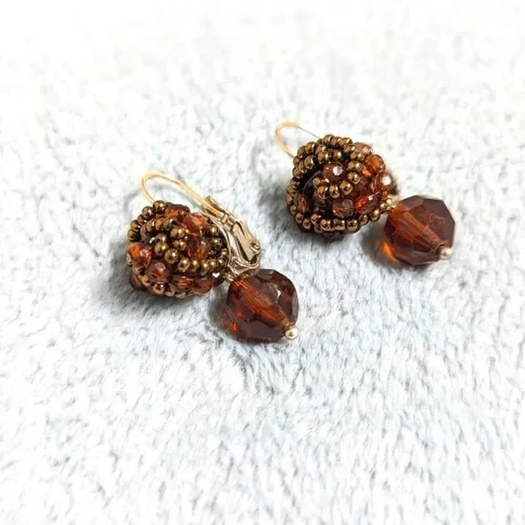 Vintage Liz Claiborne Brown Beaded Pierced Earrings - Picture 2 of 7